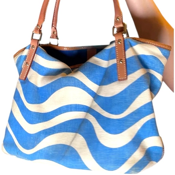 Kate Spade New York Beach Wave Canvas Tote Bag Blue White - Picture 4 of 10
